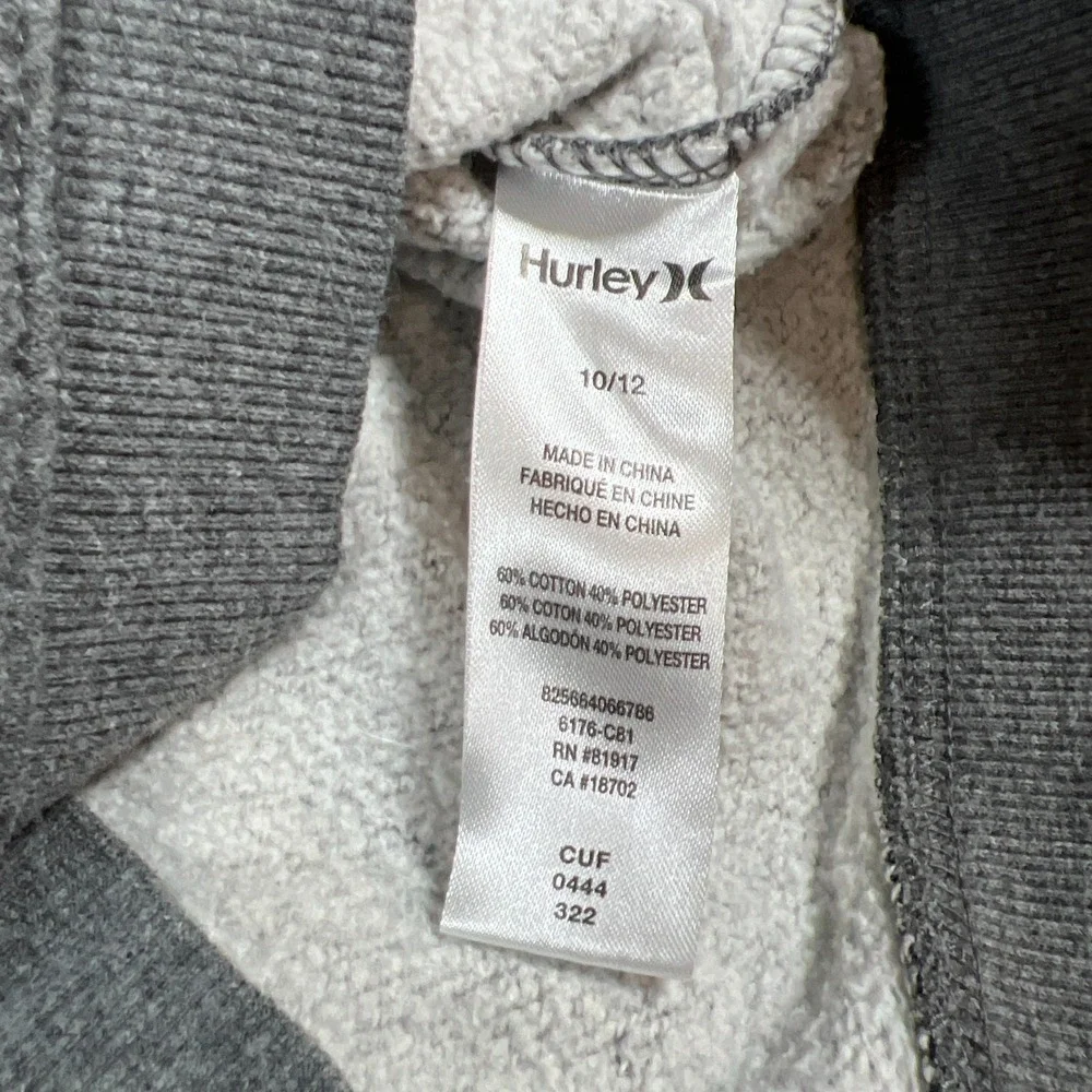 Hurley Pullover Hoodie Boys 10-12 Gray Fleece Lined Graphic Kangaroo Pocket